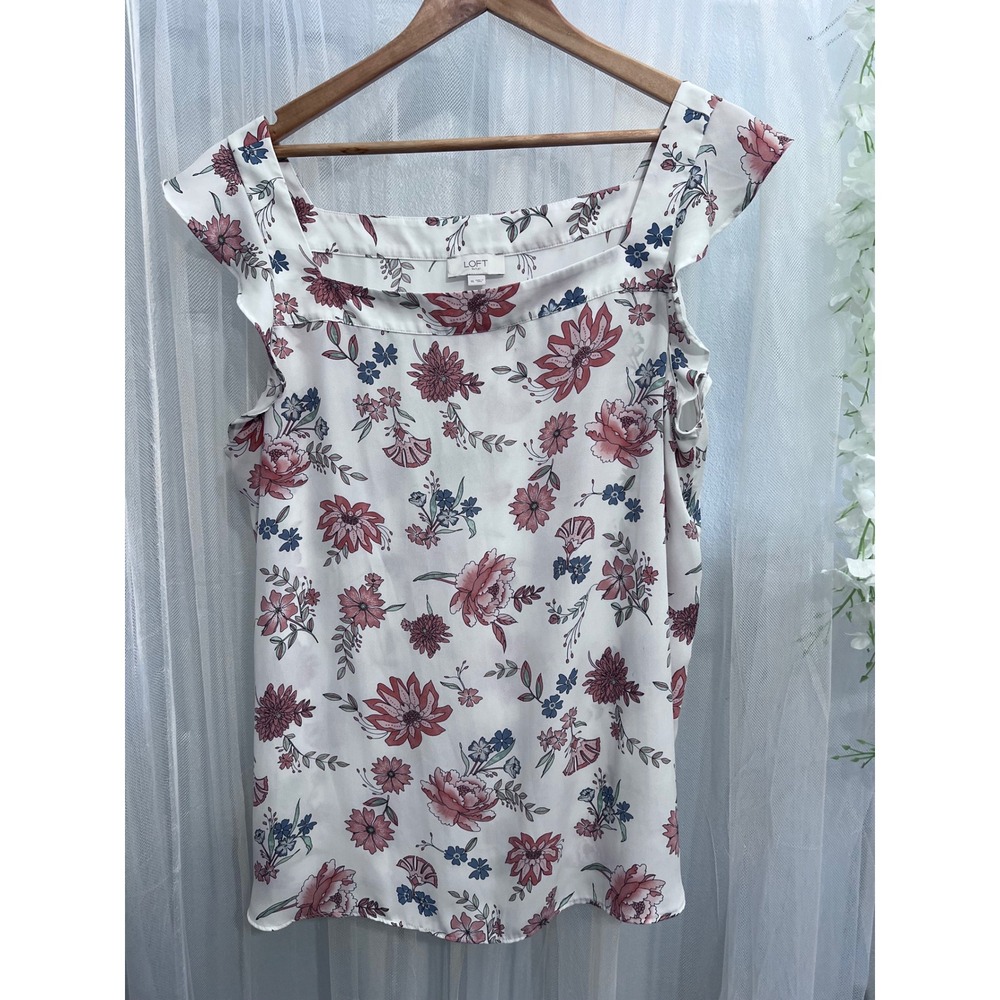 Loft Outlet Womens XL Floral Flutter Sleeve Square Neck Blouse Ivory Pink Blue